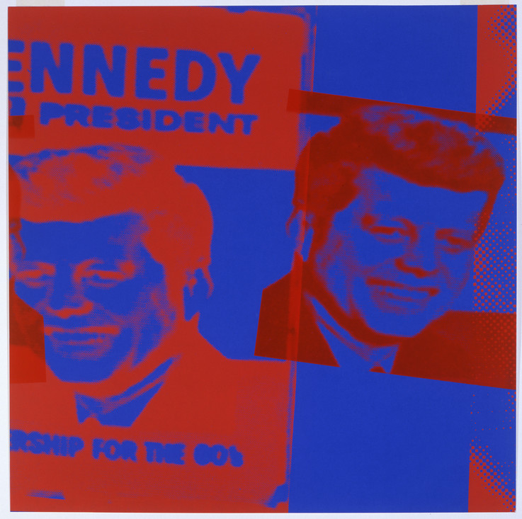 Manipulated newspaper image of Kennedy painted in red and blue, two images mirroring each other