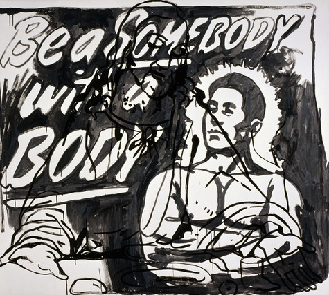 A black and white pit of a muscular man with his arms crossed over his chest alongside the words Be a somebody with a body.