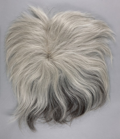 A photograph of one of Andy Warhol's wigs, mostly white with some gray peaking out from underneath.