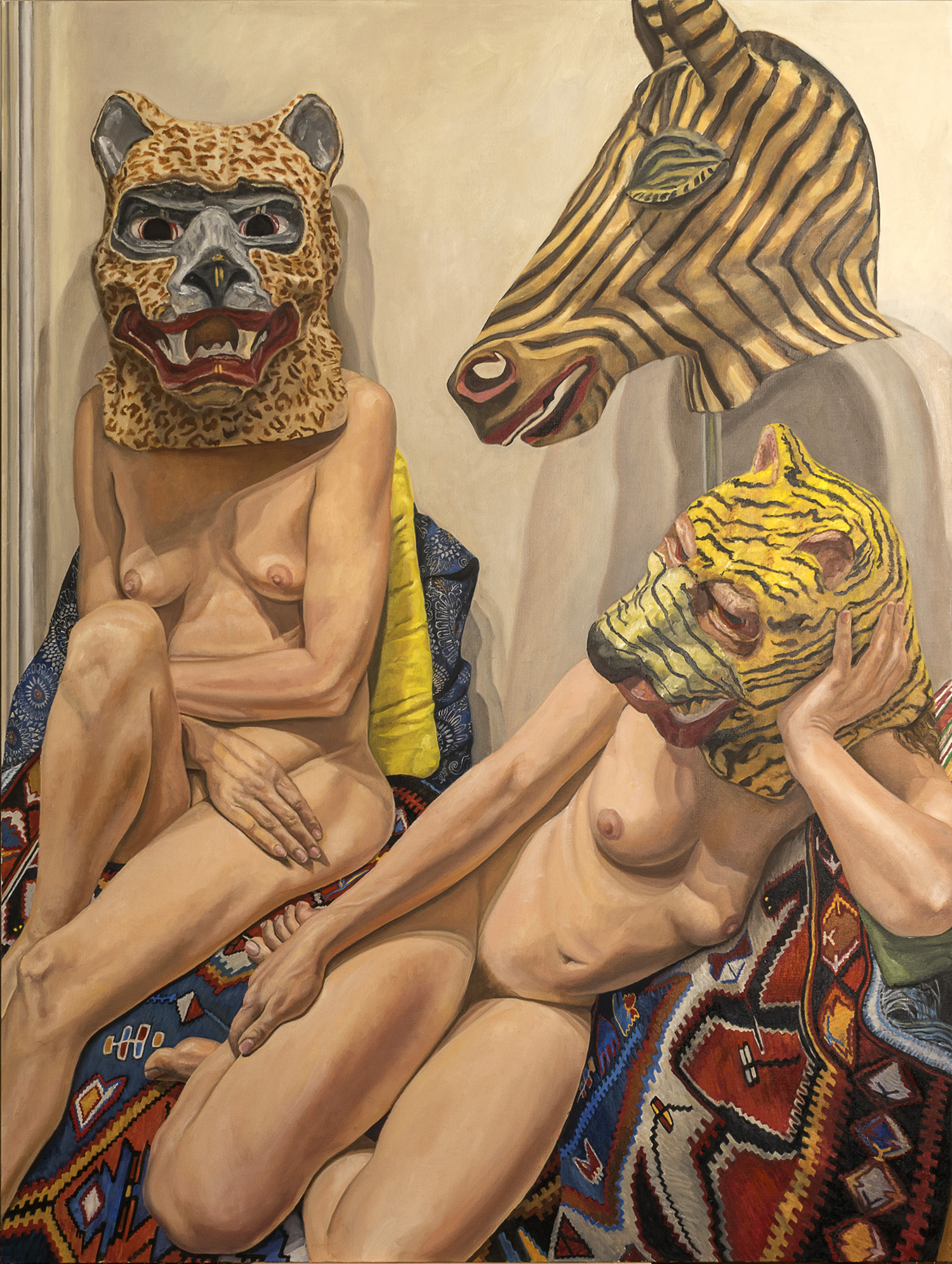 Philip Pearlstein, Two Models with Three Masks with Turkish Rug, 2015, courtesy Betty Cuningham Gallery