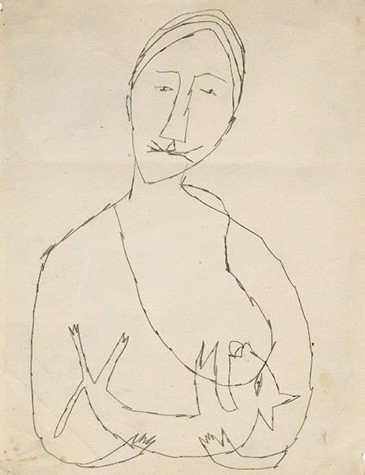 A pencil sketch of a woman holding a small animal to her left breast, which is exposed.