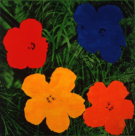 Against a background of grass, there are four flowers. A red flower, a yellow flower, and an orange flower arc along the bottom left corner of the image, and a blue flower is situated in the top right.