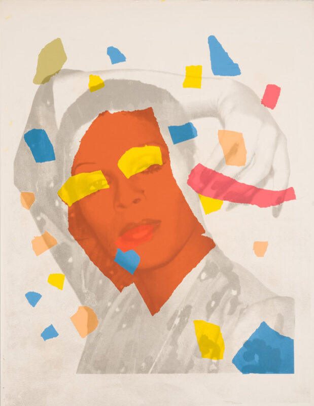 A painting includes different shapes of paint that look like a person's face with yellow eyeshadow and red lips.