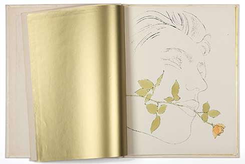 A photograph of the inside of a book. The left page is entirely metallic gold. The right page has a sketch of a face with branch in its mouth. The branch and the leaves on the branch are the same metallic gold as the facing page.