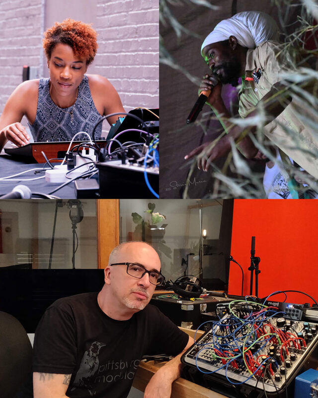 Three photos combined into one. The first one is Bri Dominque sitting behind DJ equipment. The second one is Ras Maisha on a stage singing into a microphone. The third one is Soy Sos in a recording studio.