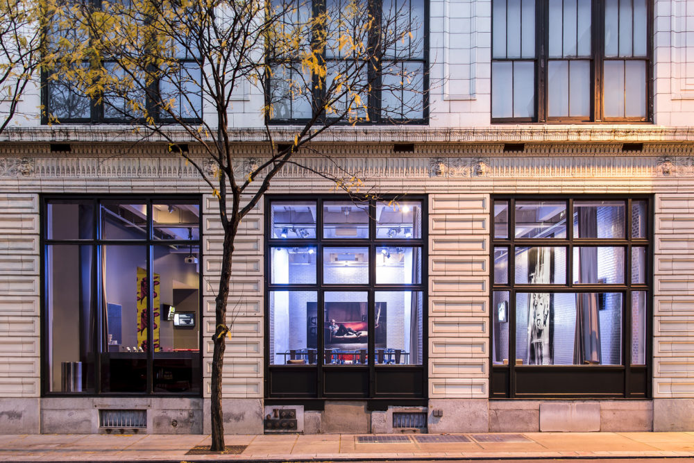 A photograph from outside the Warhol museum looking into the lobby.