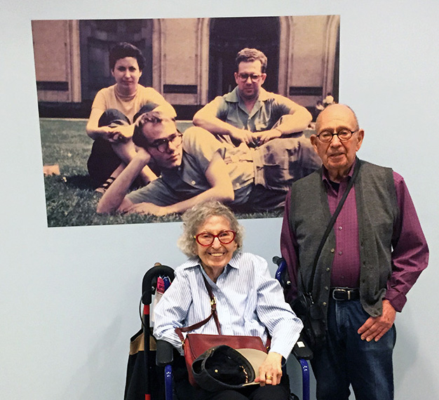 Dorothy Cantor and Philip Pearlstein in front of Leonard Kessler's ca. 1948 photograph "Andy Warhol, Dorothy Cantor, and Philip Pearlstein on Carnegie Institute of Technology campus," courtesy of the Archives of American Art, Smithsonian Institution